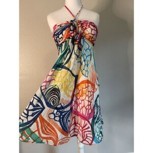 Nine West Silk Cotton Blend Boho Halter Dress Abstract Geometric Mini Size 6